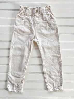 ZARA VGUC Soft Ivory Elastic Paper Bag Waist Tapered Leg Jeans